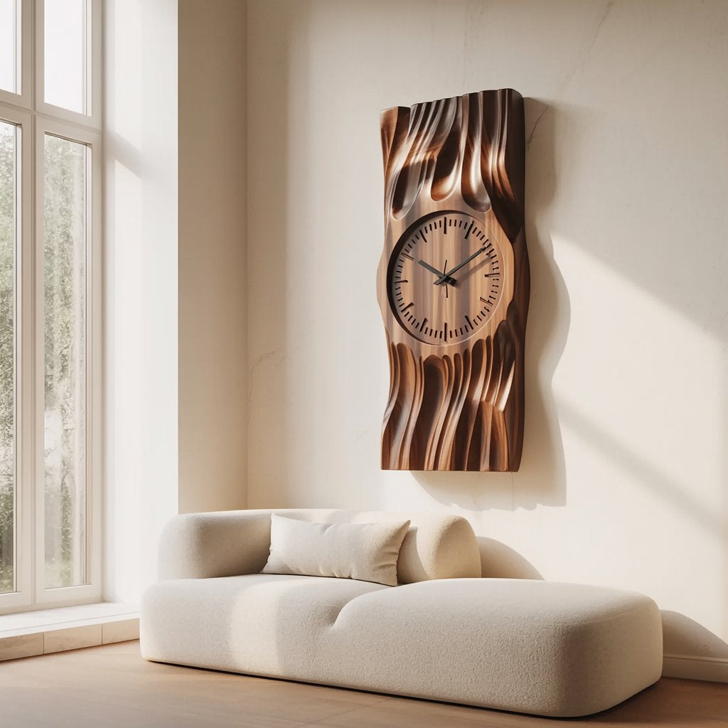 Artisanal fluted drapery wall clock panel in solid wood