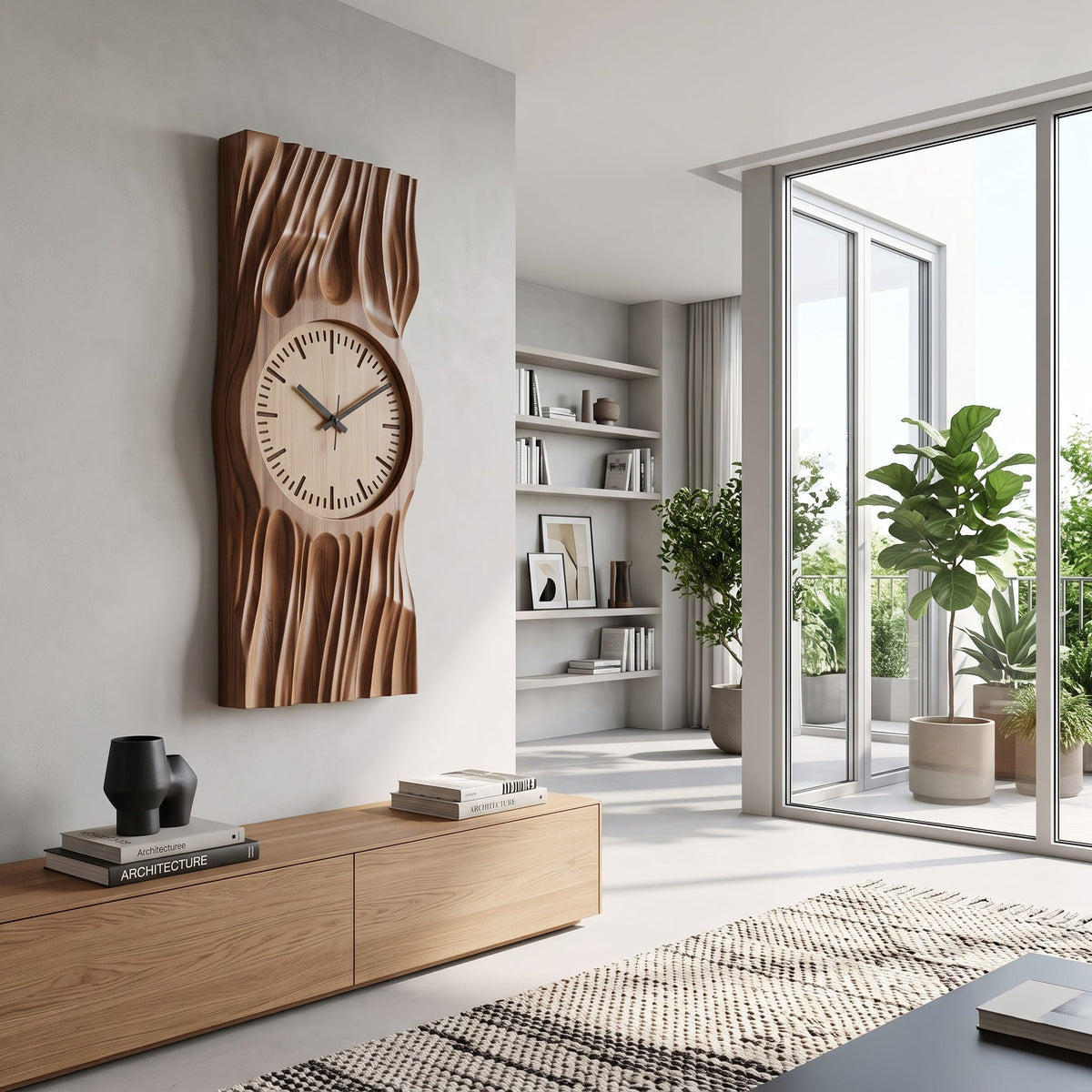 Artistic solid wood fluted relief panel enhancing a contemporary home interior