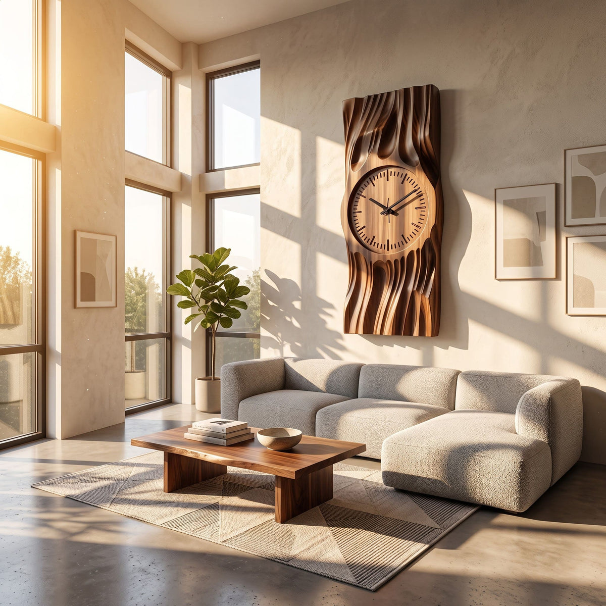 Artisanal solid wood wall clock and 3D wave art showcased in an elegant living room