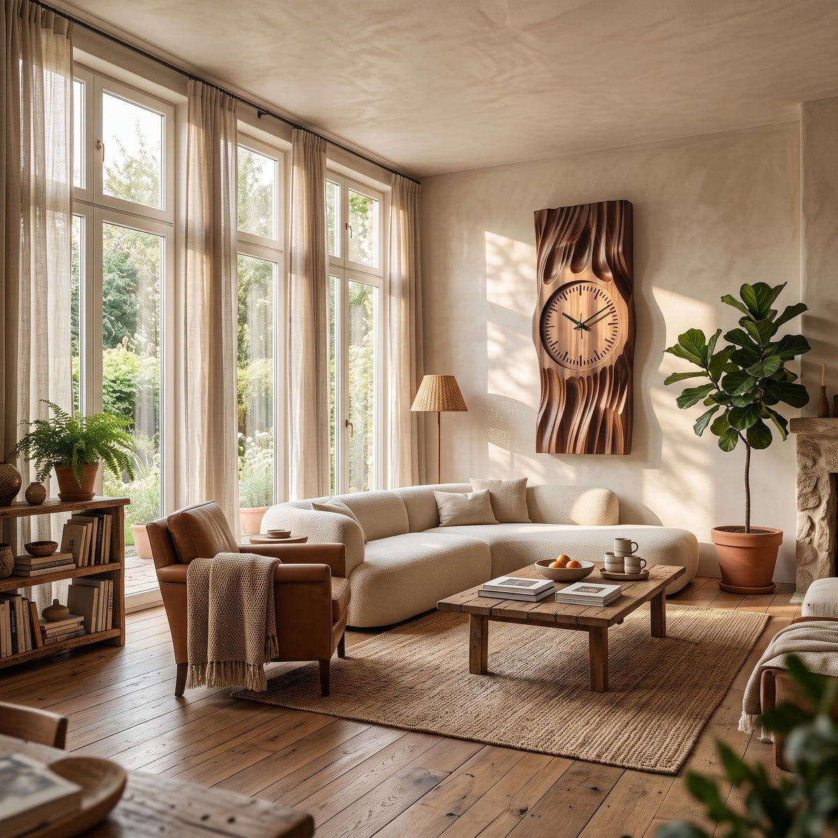 Organic solid wood wave wall clock displayed in a minimalist living space