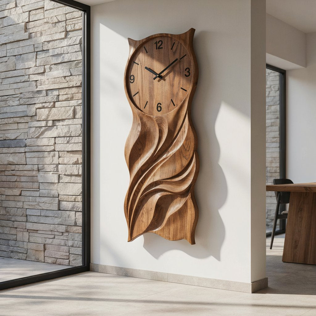 Artisanal owl silhouette wall clock panel in solid wood
