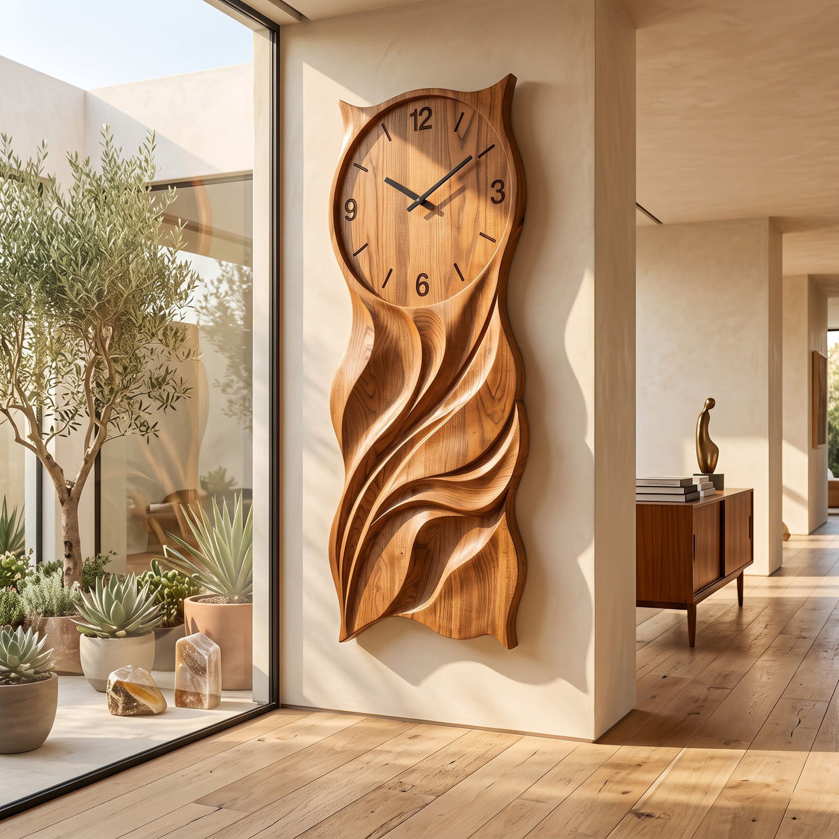 Hand-carved solid wood wave relief wall art styled in a modern interior