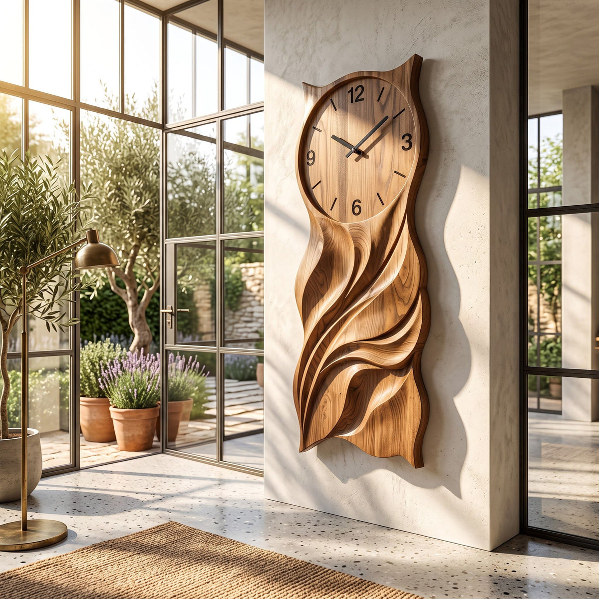 Artistic solid wood wave relief panel enhancing a contemporary home interior