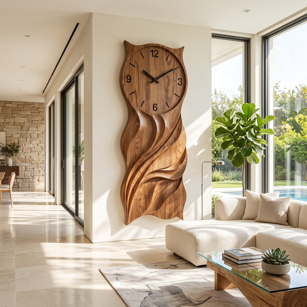 Artisanal solid wood owl clock and sculptural wall art showcased in an elegant living room