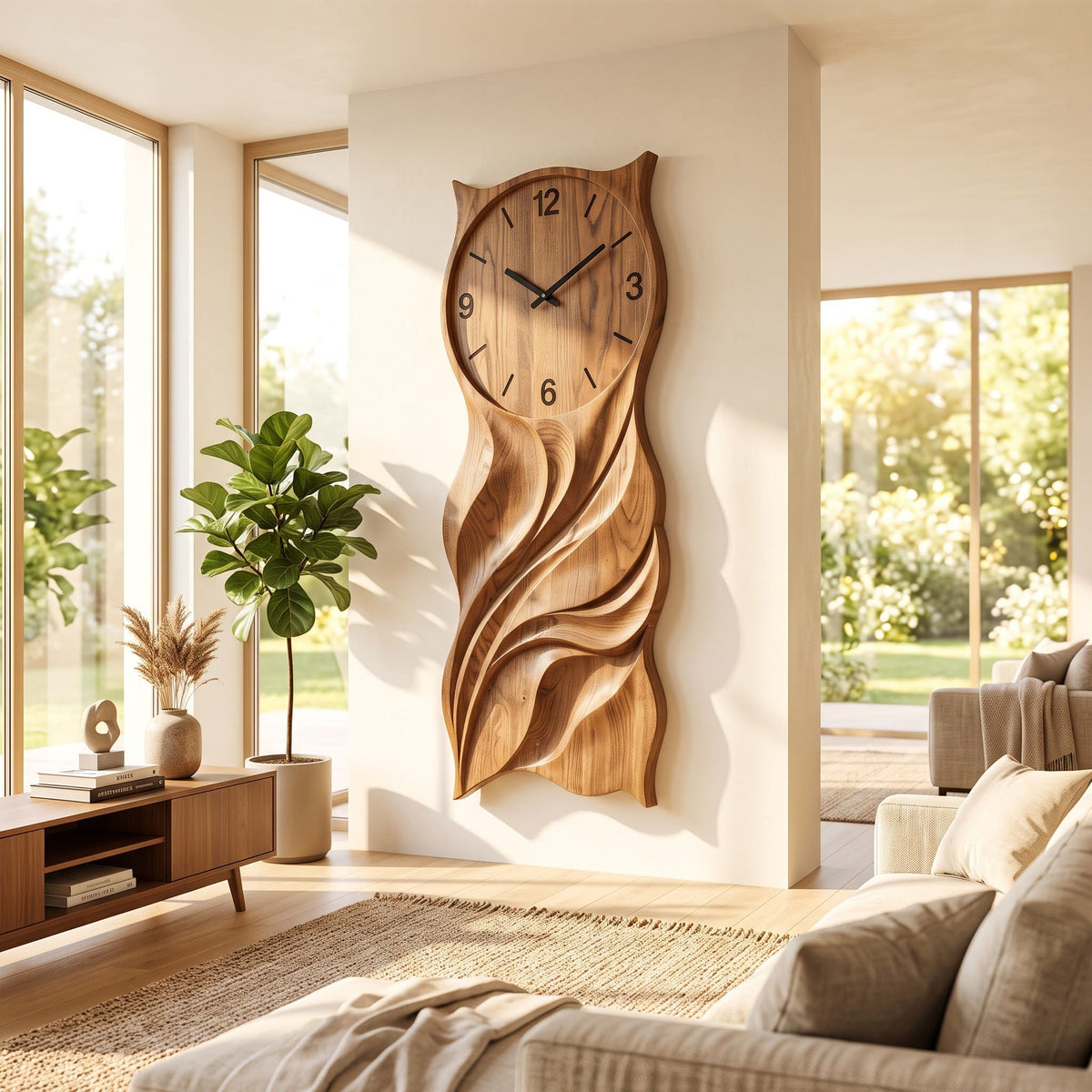 Sculptural solid wood owl wall clock displayed in a minimalist living space