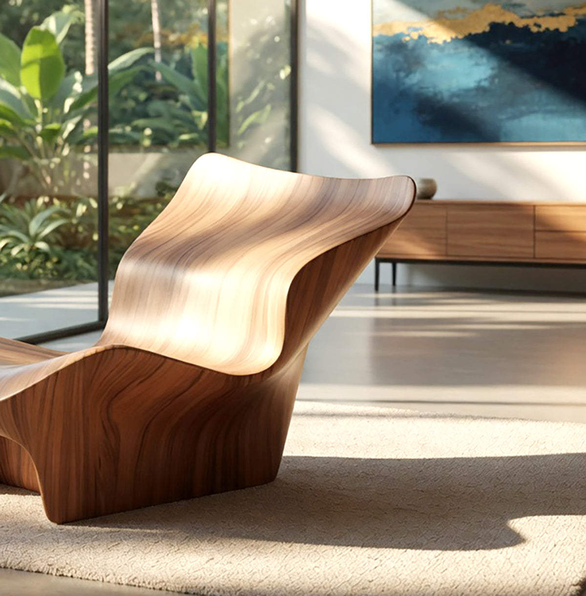 Artisanal wooden lounge chair with flowing curved silhouette