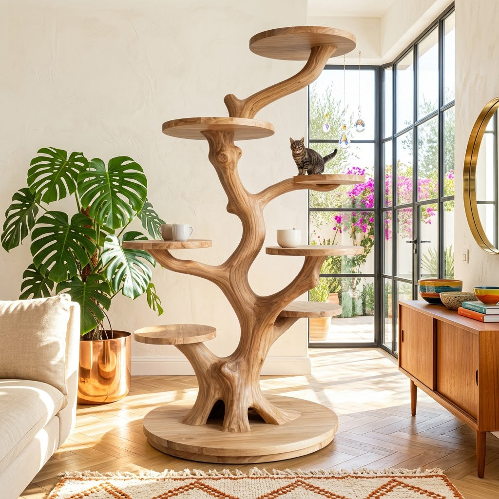 Artisanal solid wood tree cat tower styled with indoor potted plants in a sunlit modern living room