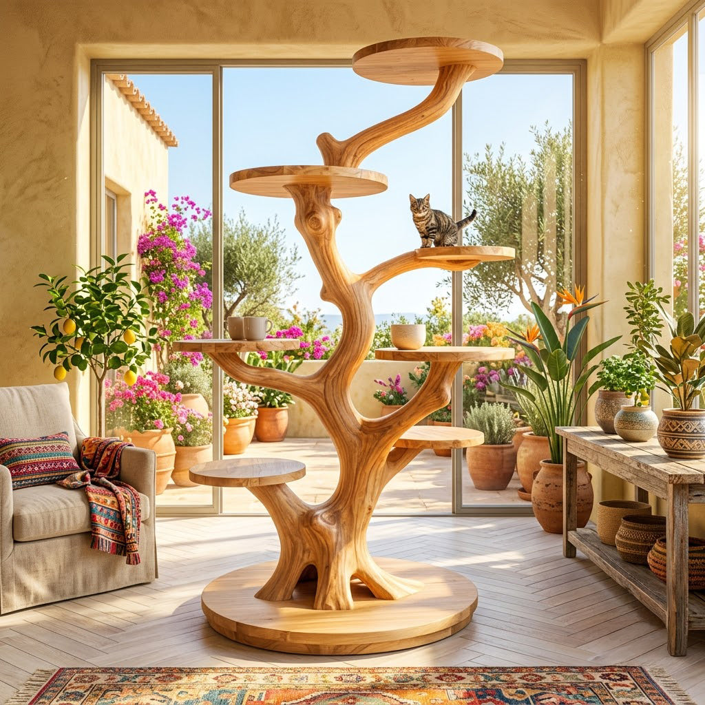 Contemporary solid wood botanical cat tree unit placed beside a large apartment window