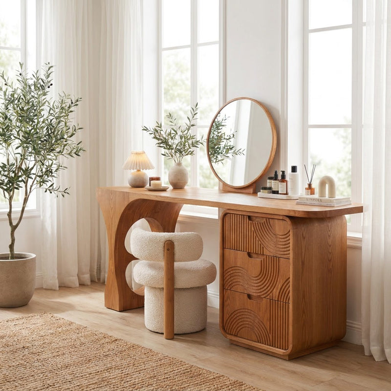 Artisanal sculptural vanity desk in solid wood