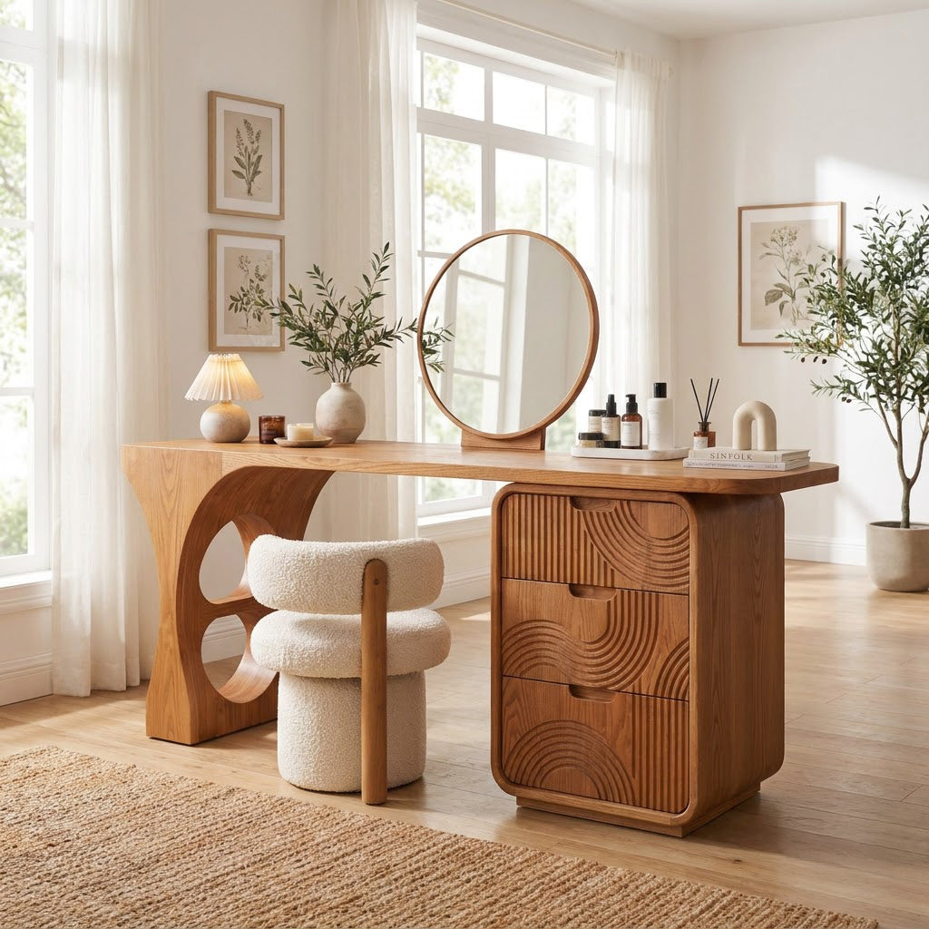 Artisanal solid wood sculptural vanity desk in a contemporary bedroom