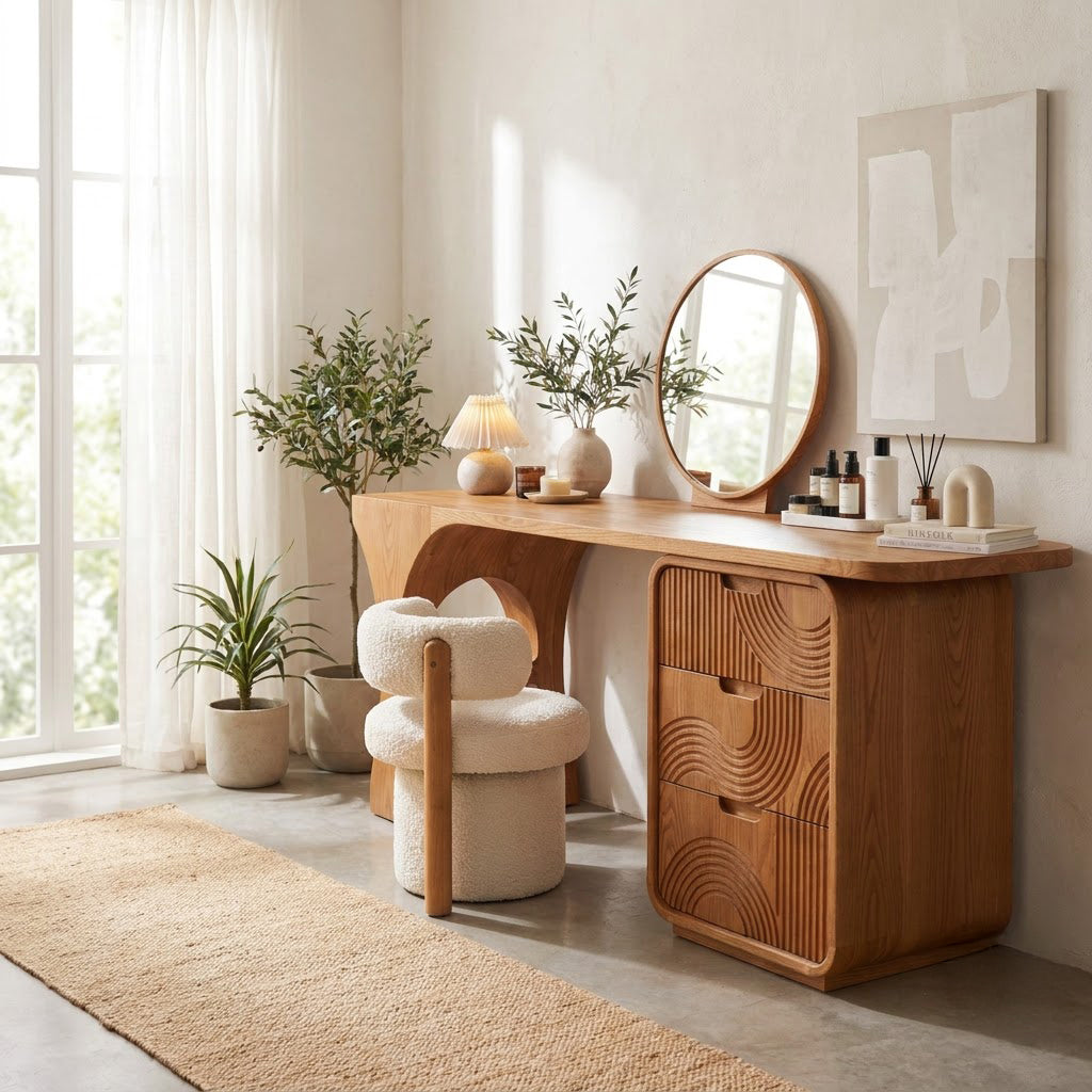 Handcrafted solid wood console table styled in an elegant dressing area