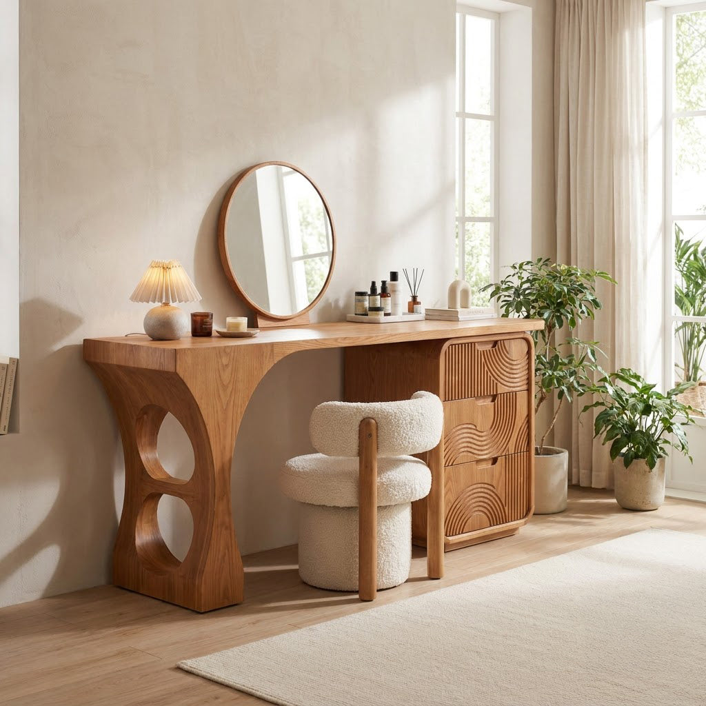 Sculptural solid wood vanity desk displayed in a modern home interior