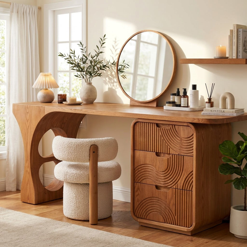 Artistic solid wood console table enhancing a minimalist bedroom