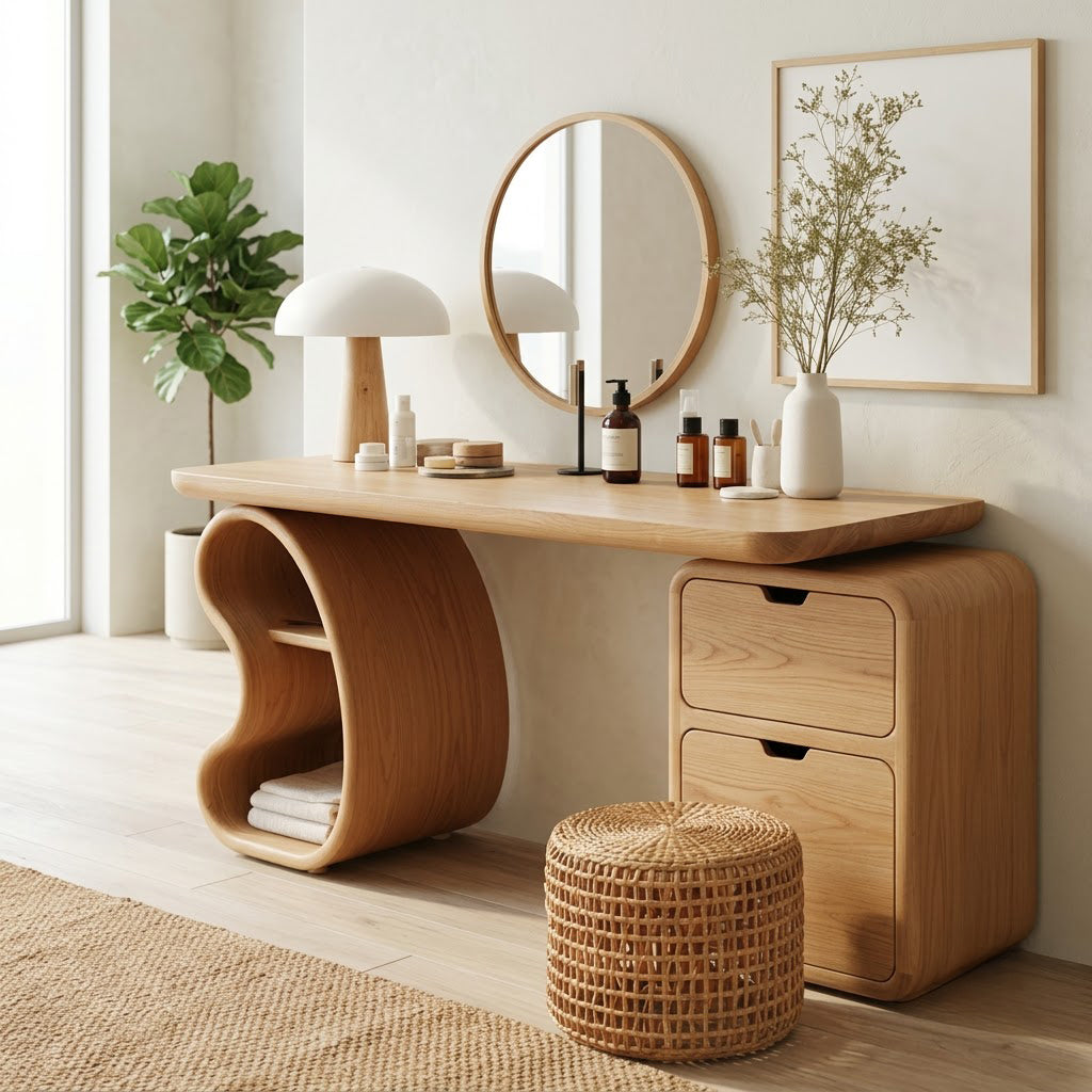 Handcrafted solid wood console table with open shelving styled in an elegant dressing area