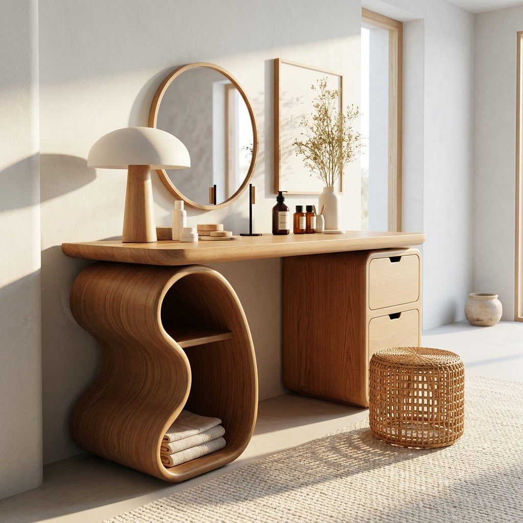 Sculptural solid wood vanity desk with organic storage leg in a contemporary home interior