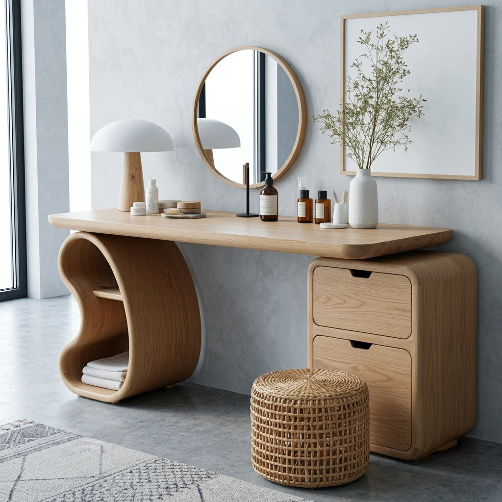 Artistic solid wood console table with hollow shelved leg enhancing a minimalist bedroom