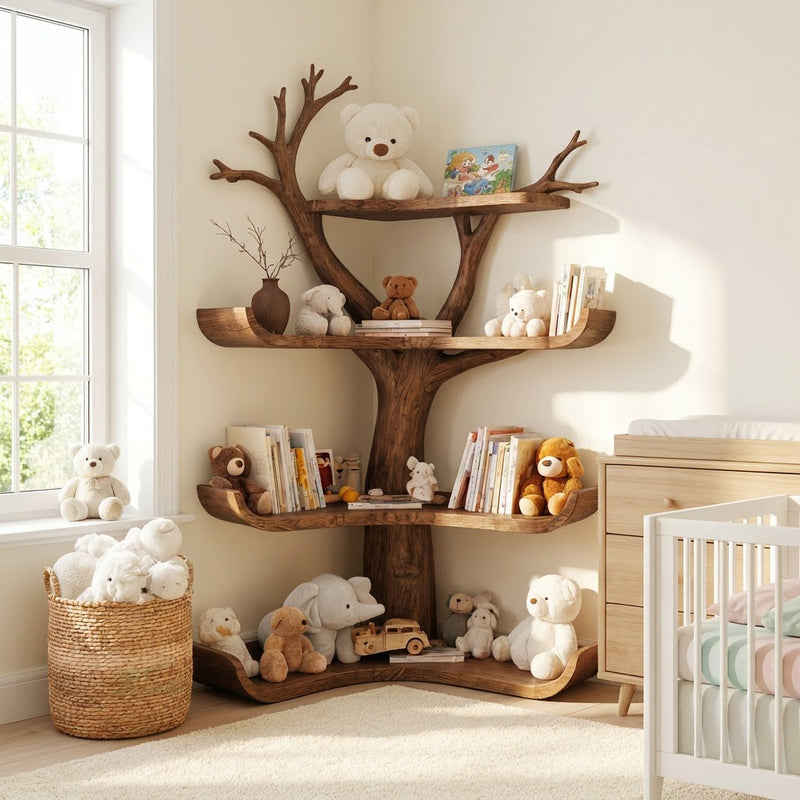 Artisanal tree corner bookshelf in solid wood