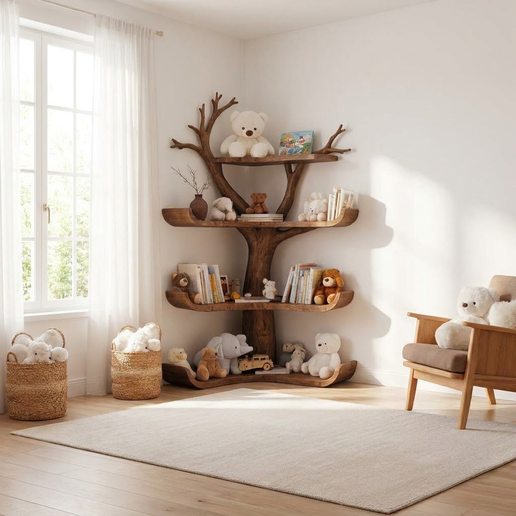 Artisanal solid wood tree corner bookshelf in a whimsical nursery