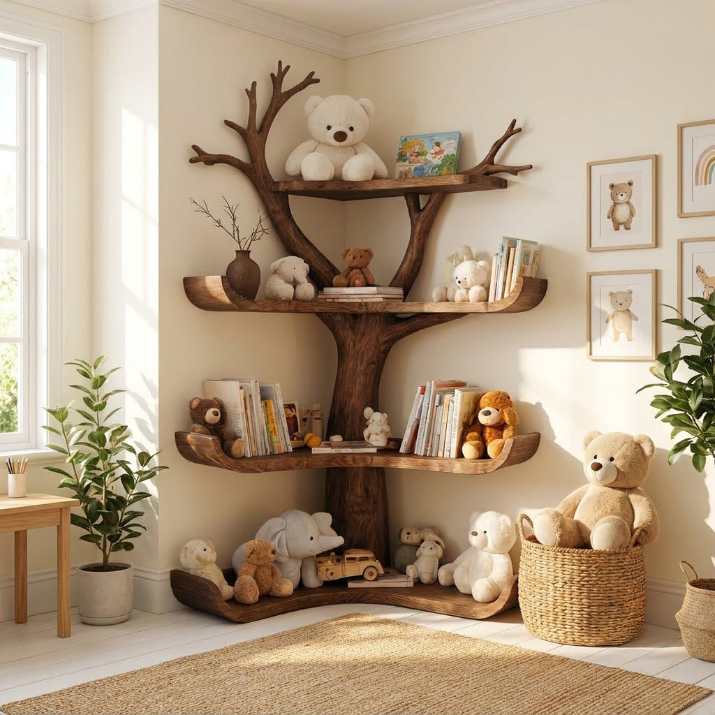 Artistic solid wood nursery bookshelf enhancing a playful kids' room