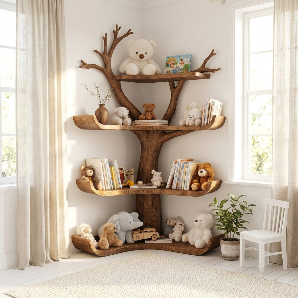 Artisanal solid wood corner bookcase showcased in a charming children's interior