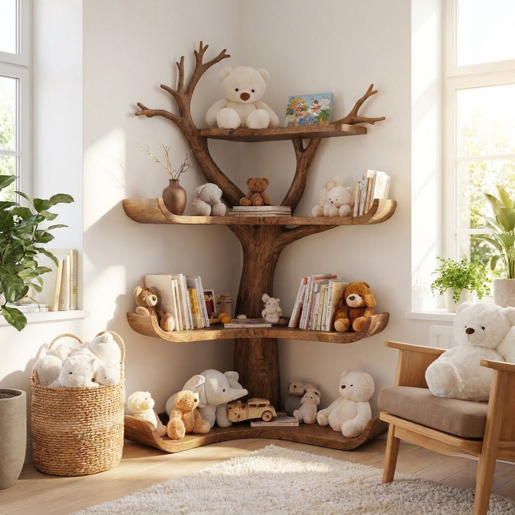 Whimsical solid wood tiered bookcase styled in a colorful kids' room