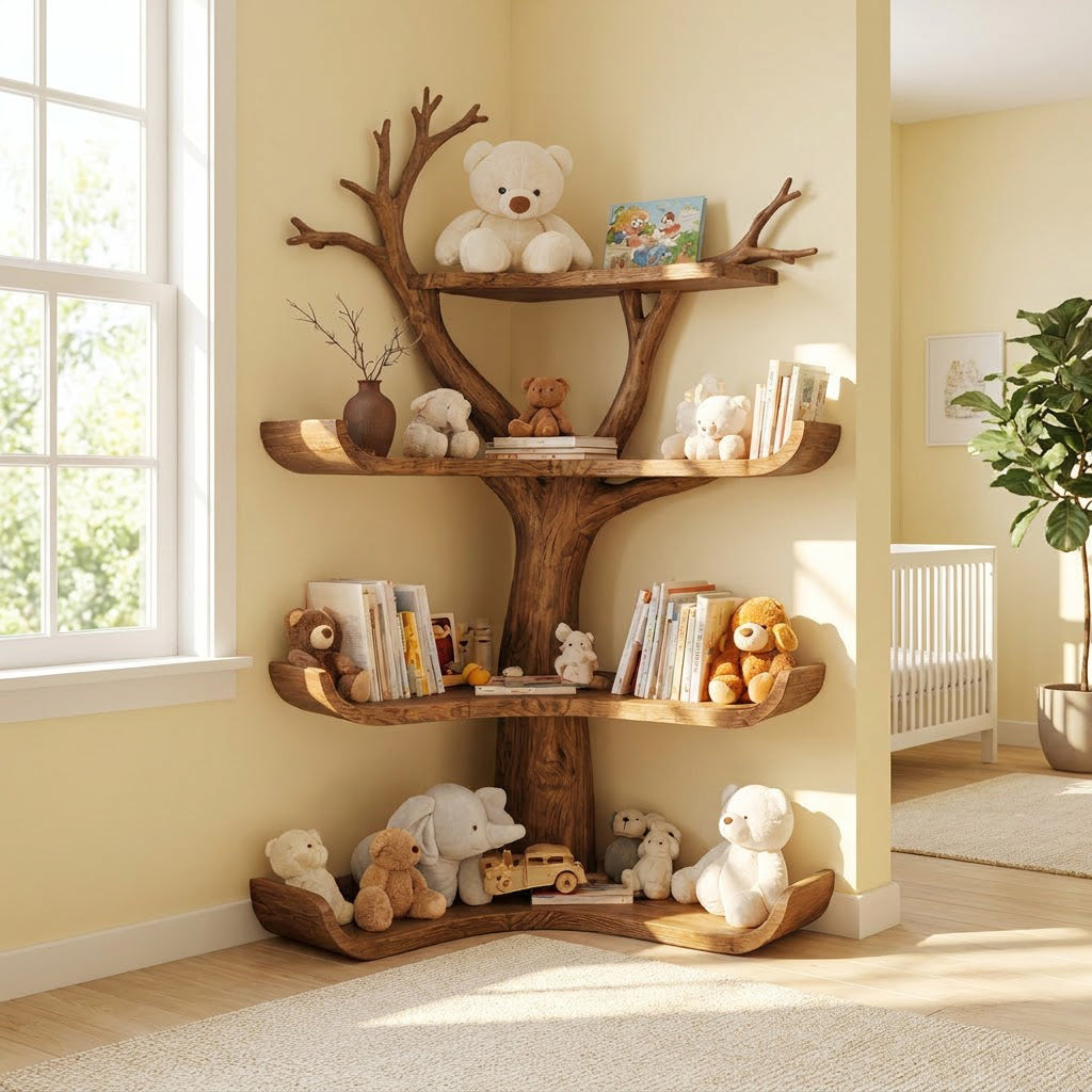 Artisanal solid wood corner bookcase showcased in a charming children's interior