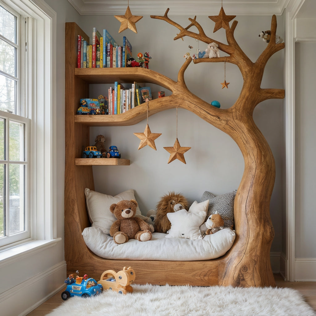 Whimsical solid wood tree daybed with reading nook bookshelf styled in a cozy nursery room