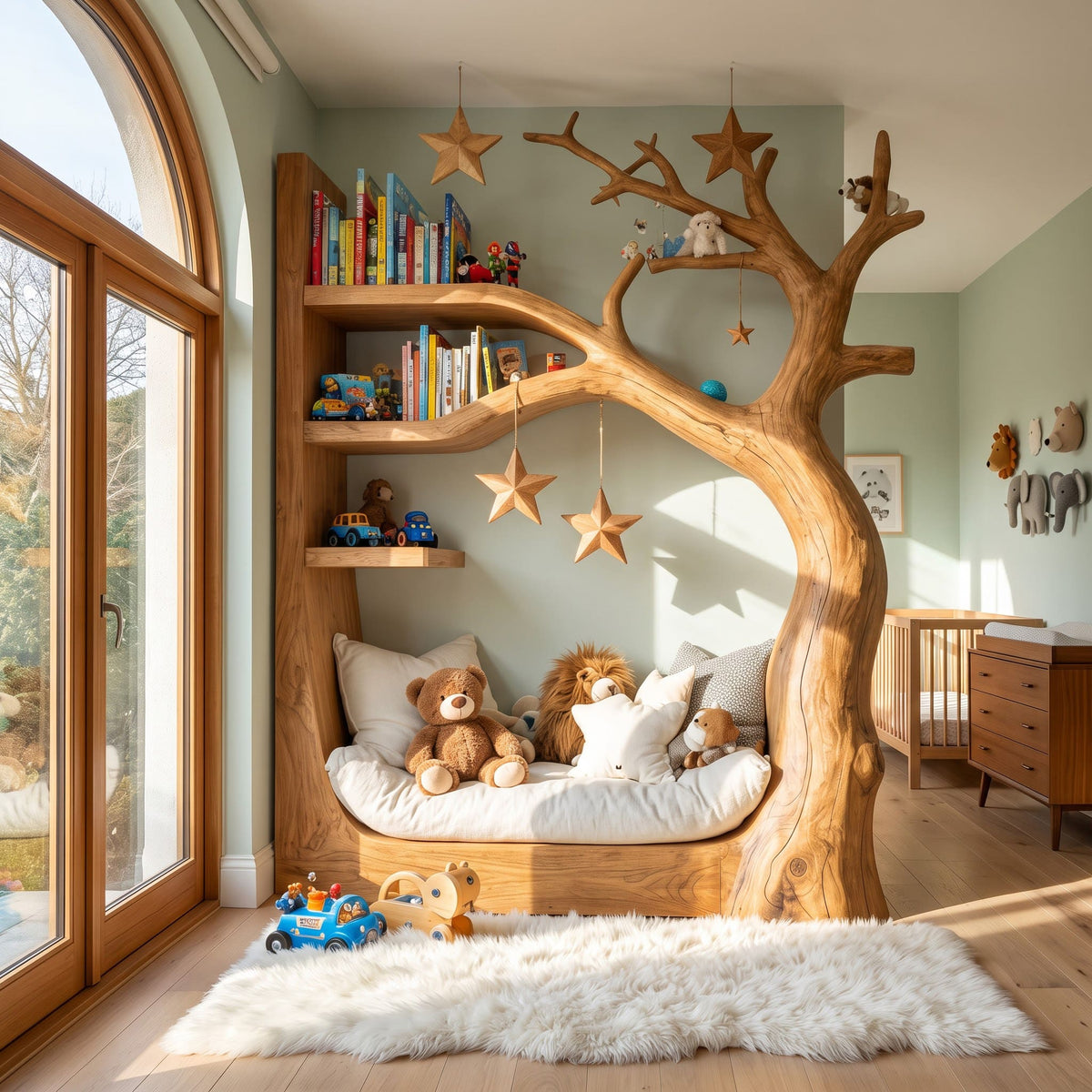 Artisanal natural wood tree-shaped bed with integrated bookcase for a playful kids bedroom