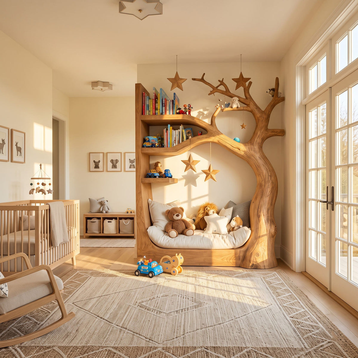 Contemporary solid wood daybed reading nook placed beside a window in a bright playroom