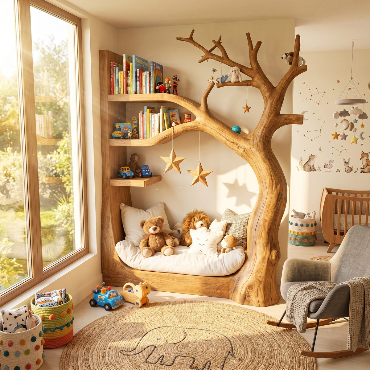 Artisan solid timber tree daybed with book display shelves elevating a Montessori toddler room