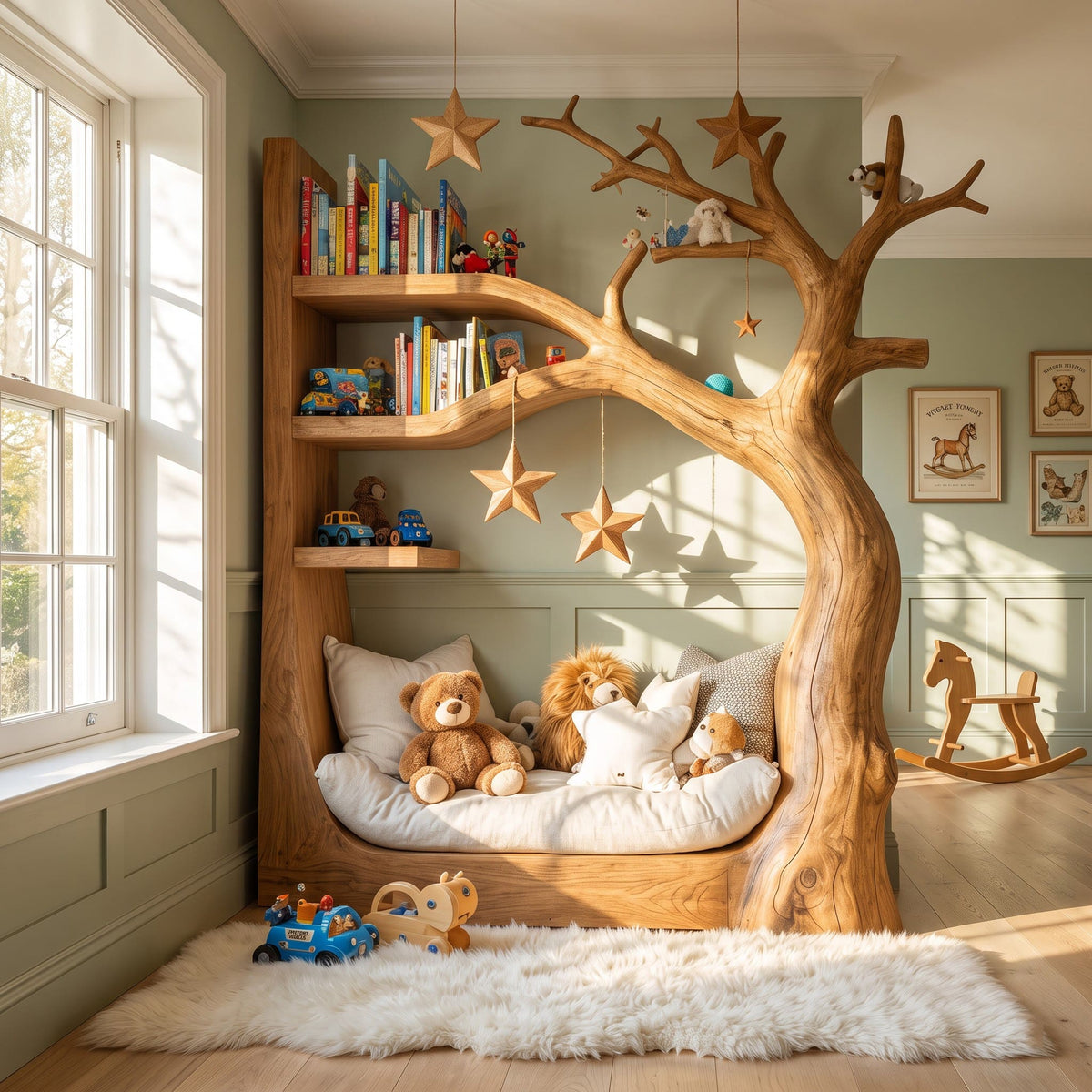 Artisanal tree daybed with storybook reading nook bookshelf in solid wood