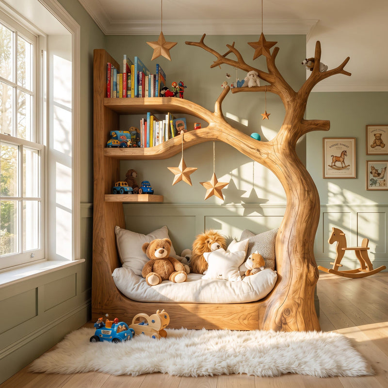 Artisanal tree daybed with storybook reading nook bookshelf in solid wood