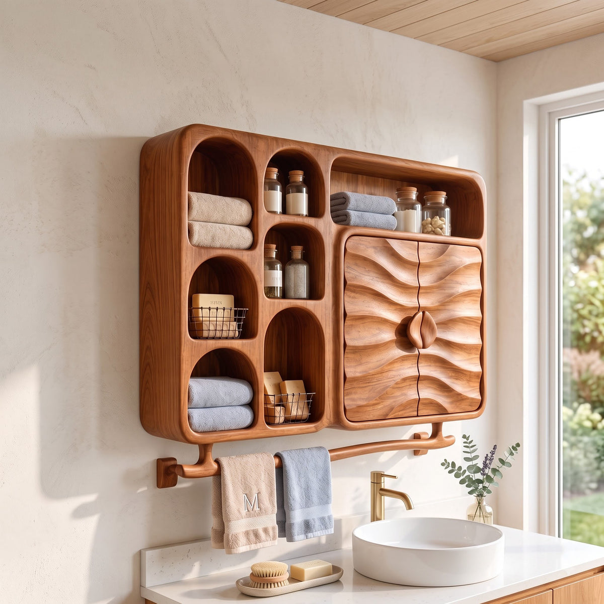 A wall-mounted wooden bathroom organizer with multiple shelves, a wavy cabinet door, and a towel bar, styled in a bright bathroom above a white sink.