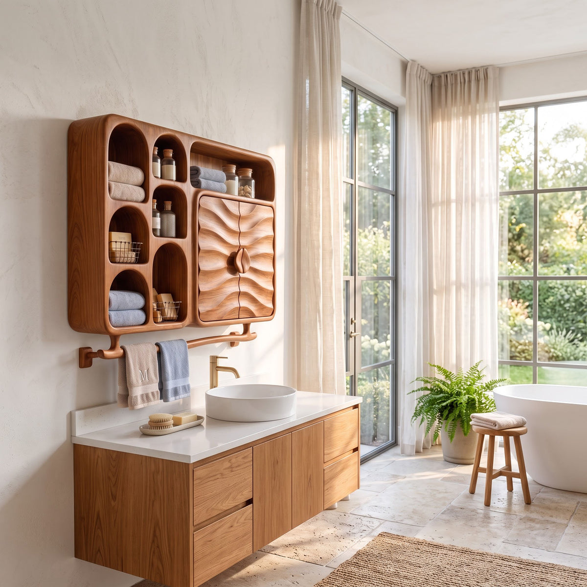 A modern bathroom scene featuring a floating wooden vanity with a white countertop and integrated sink, paired with a matching wall-mounted wooden storage cabinet and towel bar. 