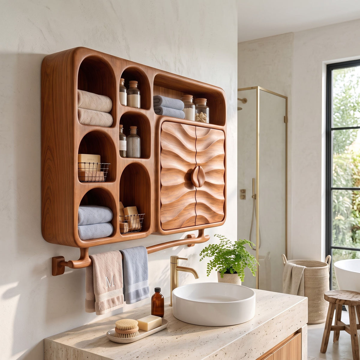 A wall-mounted wooden bathroom organizer with multiple open shelves, a wavy-front storage compartment, and a towel bar, styled in a modern beige bathroom with a white vessel sink and stone countertop.