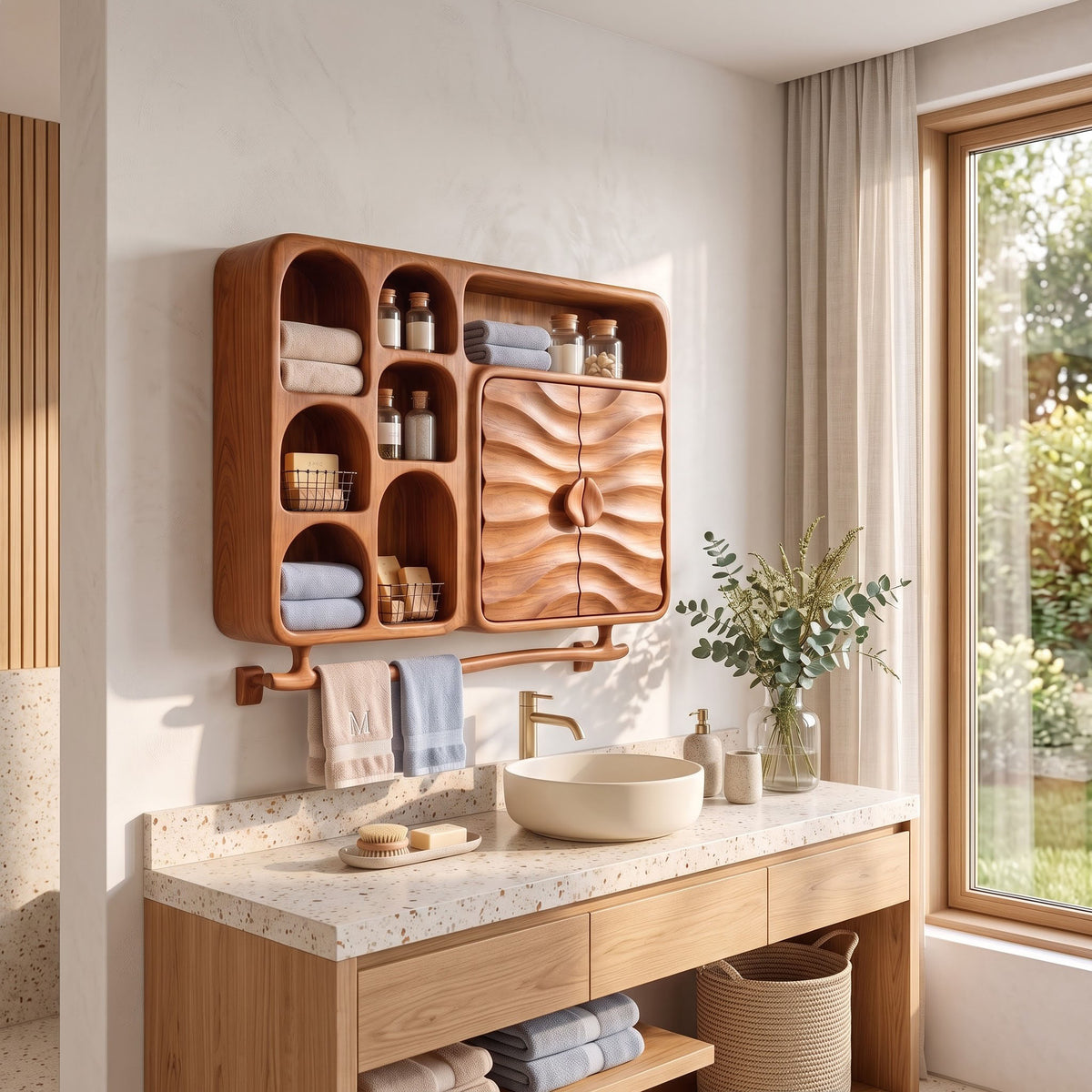 A wall-mounted wooden bathroom storage organizer with multiple shelves and a wavy-textured door, styled above a vanity with towels, bottles, and a sink in a bright bathroom.