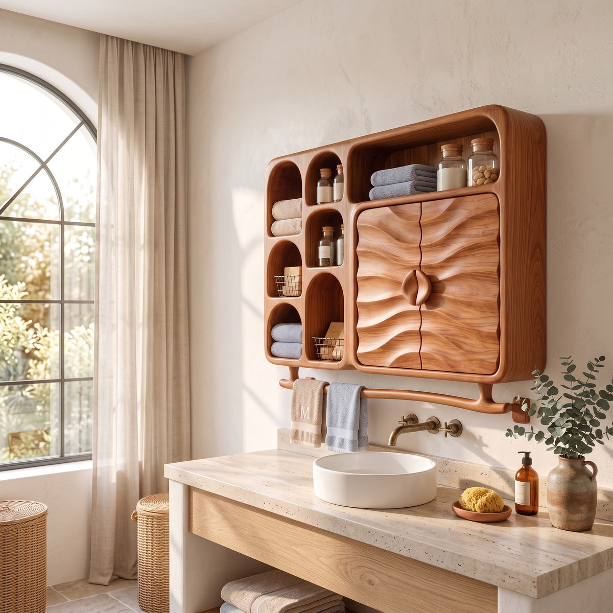 A wall-mounted wooden bathroom storage cabinet with curved, carved details, shelves, and a towel bar, shown above a vanity in a bright, modern bathroom.