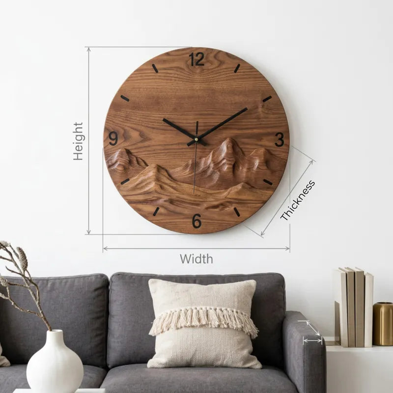 Artisanal Hand-Carved Solid Wood Mountain Wall Clock & Round 3D Landscape Relief Wall Art