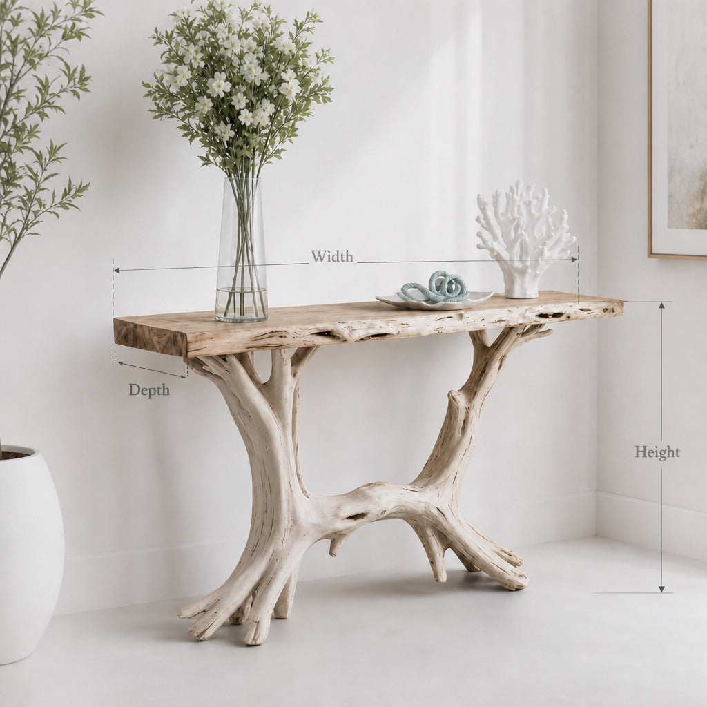 Artisanal Live Edge Console Table with Sculptural Wood Base