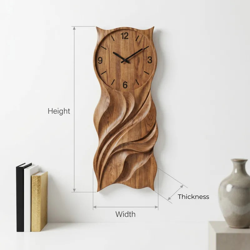 Artisanal Solid Wood Owl Silhouette Wall Clock Panel & Sculptural Hand-Carved Wave Relief Wall Art