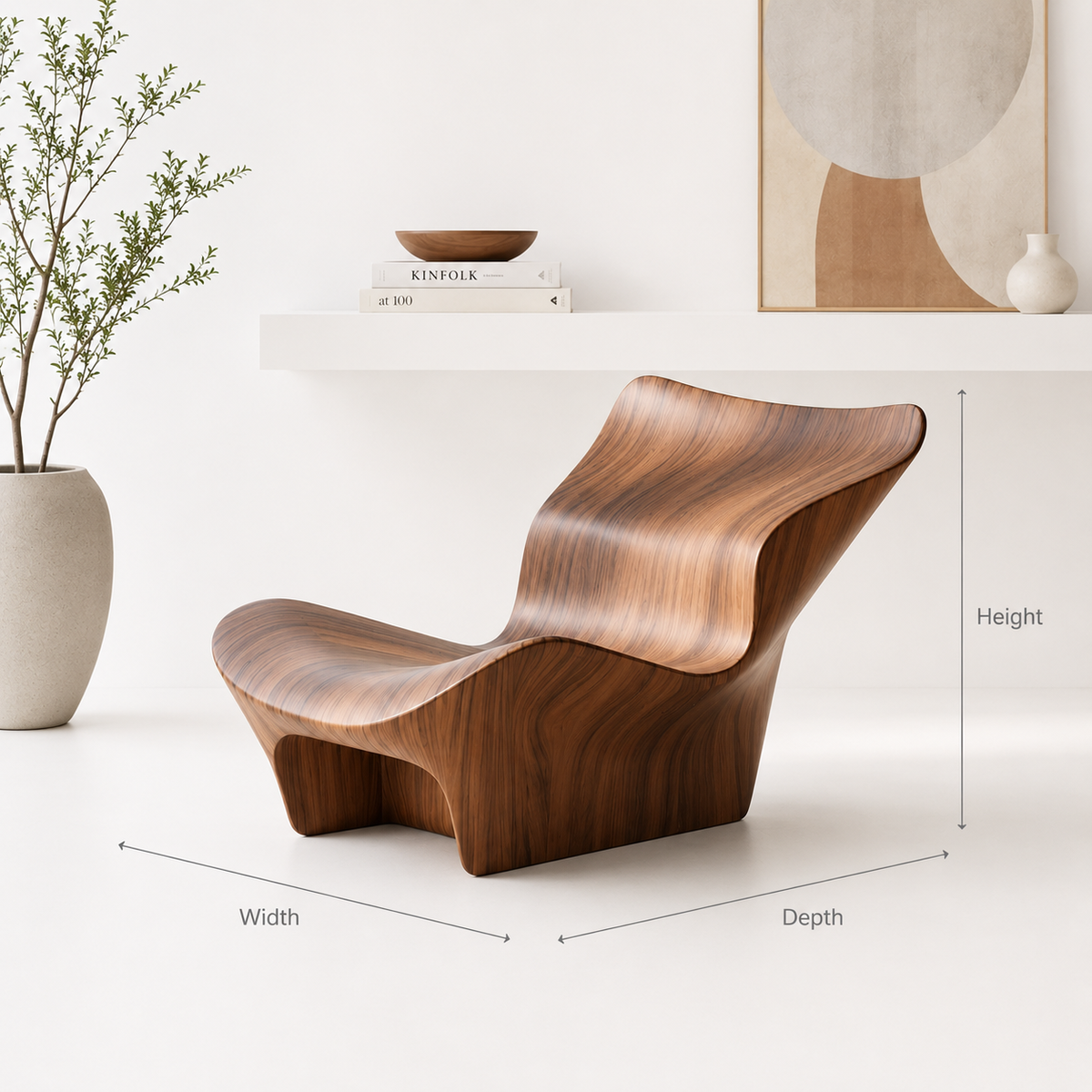 Artisanal Solid Wood Sculptural Lounge Chair – Fluid Wave Design