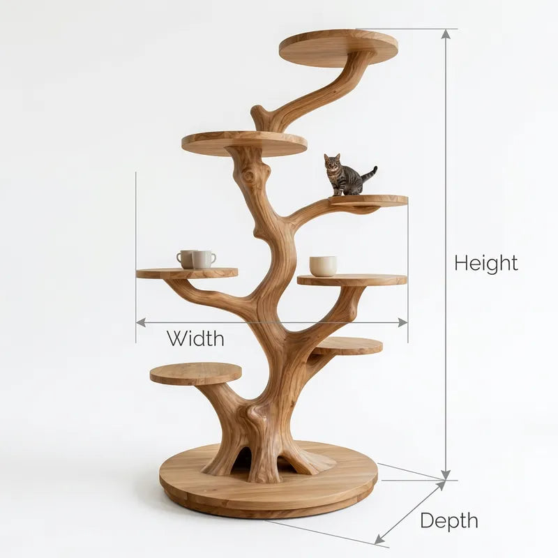 Artisanal Solid Wood Sculptural Tree Cat Tower & Multi-Tier Botanical Display Perch Stand