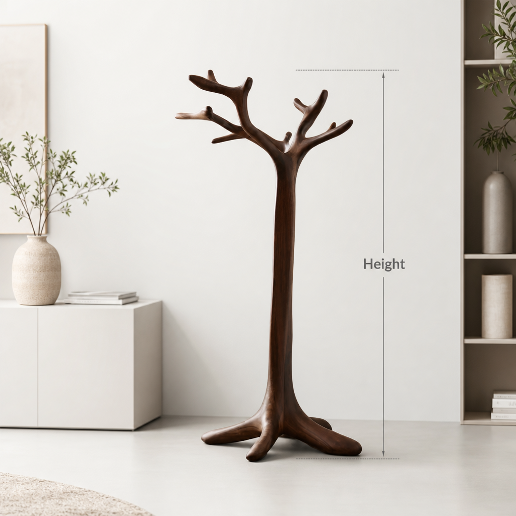 Artisanal hand-sculpted solid wood tree branch coat rack standing hanger setup