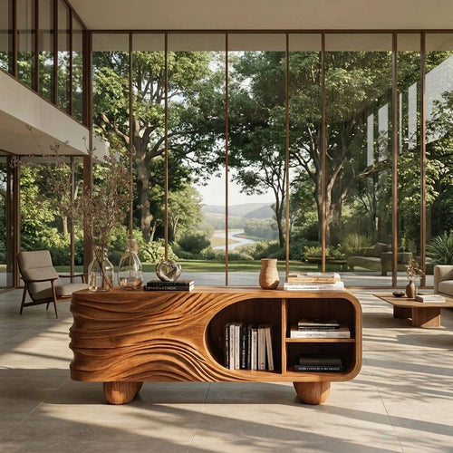 Artistic Carved Solid Wood Open Shelf Sideboard For Living Room