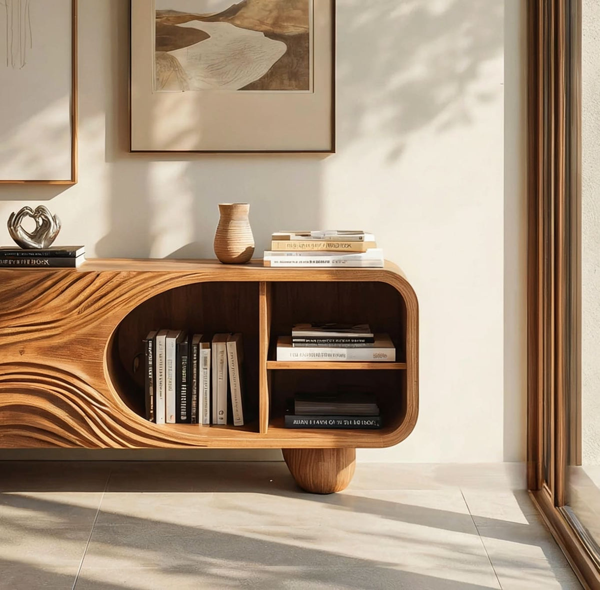 Solid wood sideboard featuring hand-carved details and integrated open display shelves