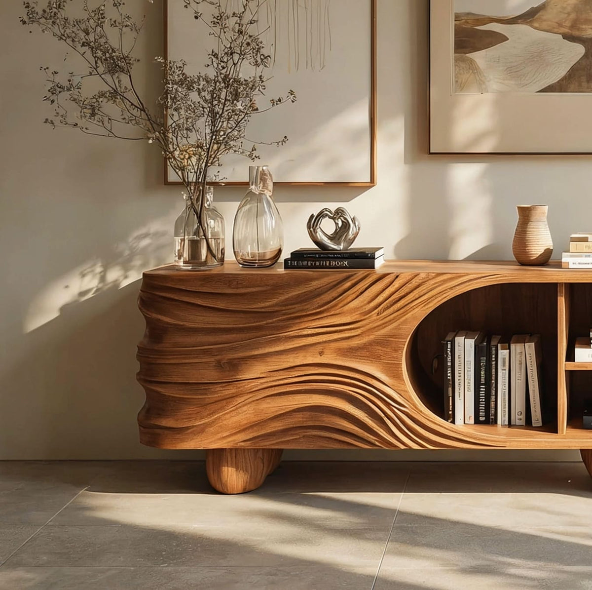 Solid wood sideboard featuring hand-carved details and integrated open display shelves