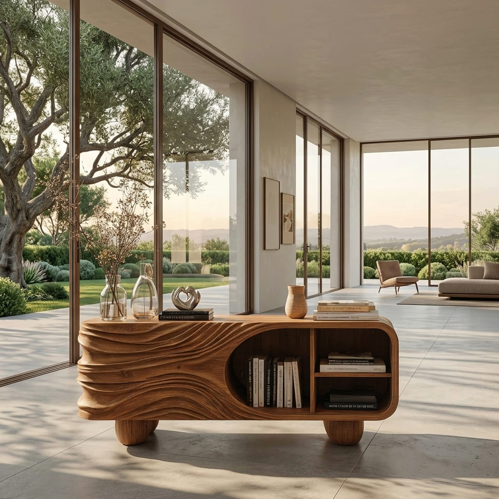 Organic modern solid wood credenza displayed in an elegant living room interior