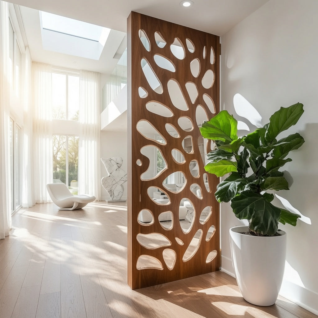 Artistic flowing cutout solid wood screen divider in a modern living room