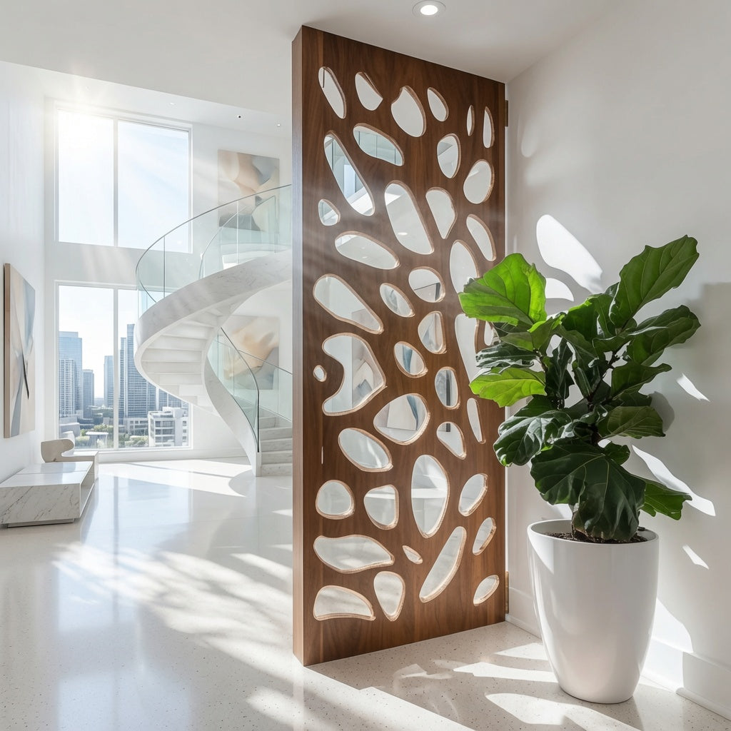 Contemporary wooden room divider enhancing a minimalist interior