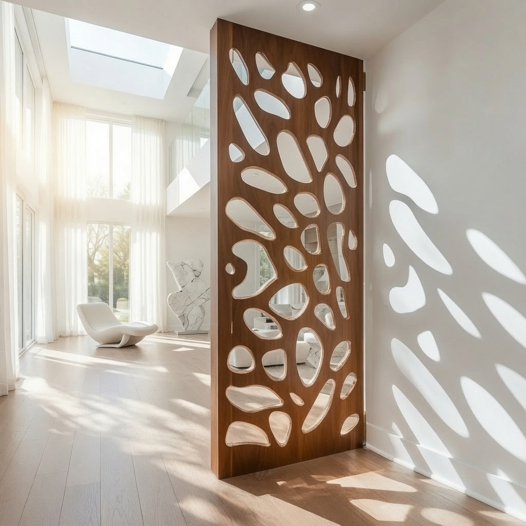 Artisan sculptural wooden panel adding architectural interest to an open-concept home